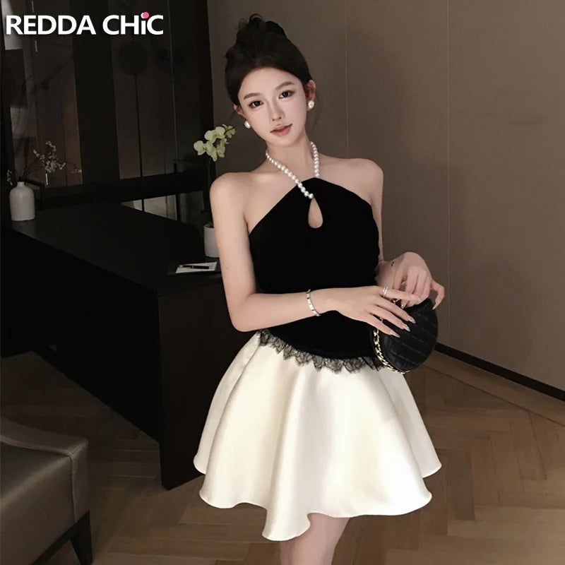 REDDACHiC Pearl Halter Mini Evening Dress Women Satin Stitch Lace Trim Ruffle Puffy Princess Dress Birthday Party Formal Clothes