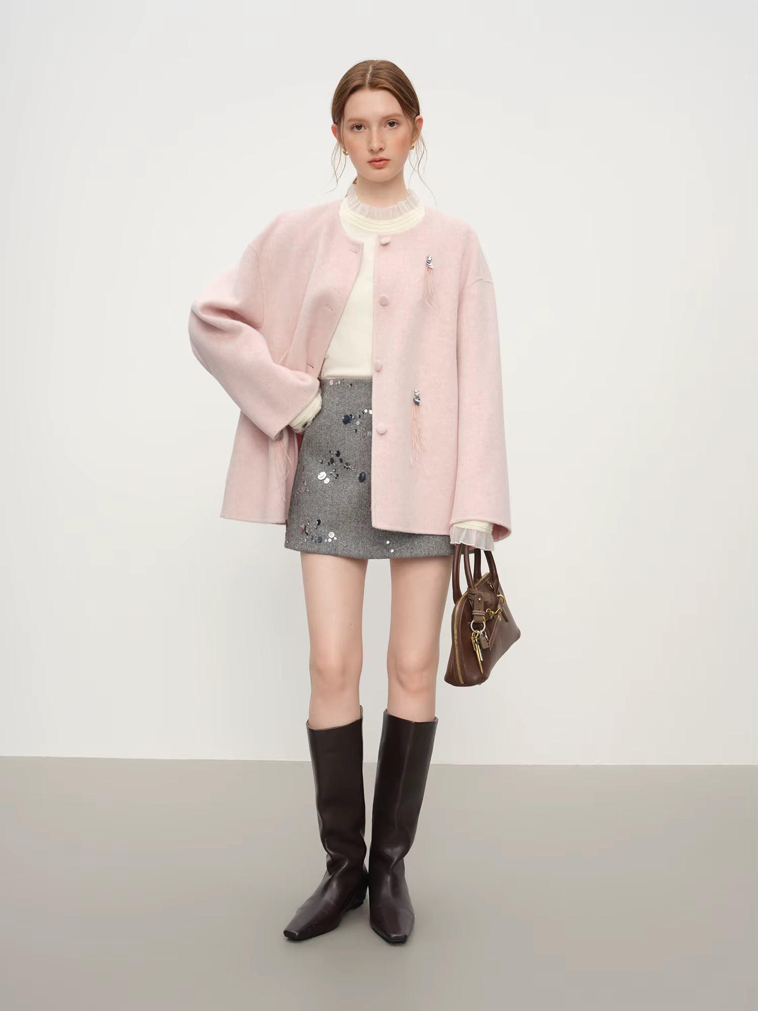 Elegant Temperament Round Neck Short Woolen Coat 2025 Winter New Solid Loose Commuter Jacket