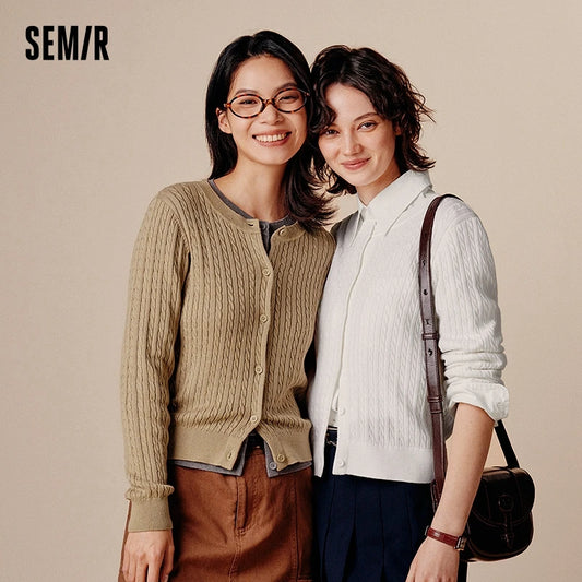 Semir Knit Cardigan Women Short Knit Cardigan Round Neck Solid Color 2024 New Autumn Soft and Slim Fit Cable Knit Sweater