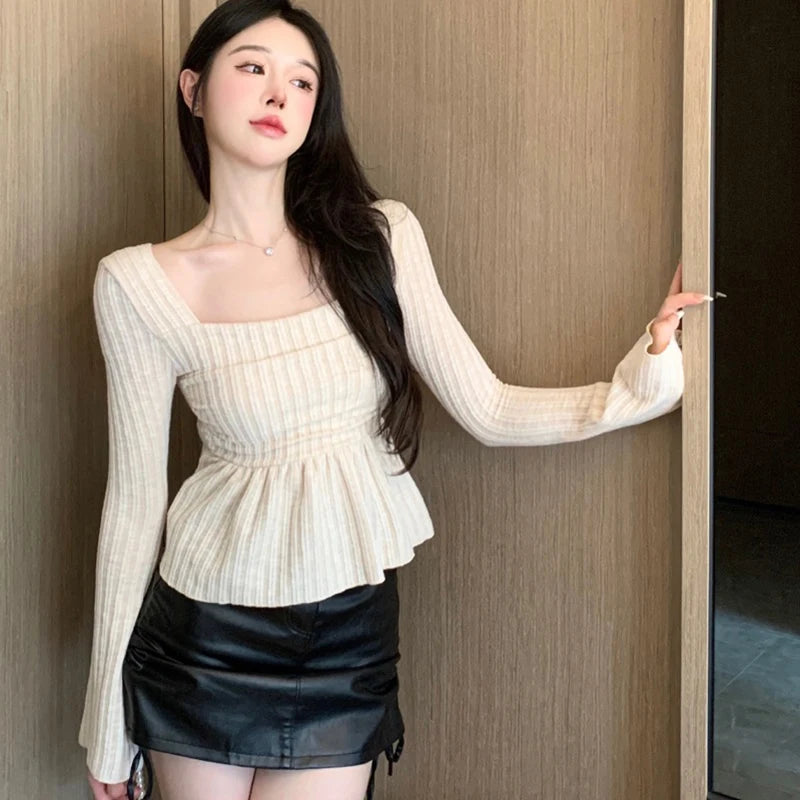 Autumn Sweet Women Shirts Korean Knitted Folds Slim Female Blouse Fashion New Square Collar Flare Long Sleeve Ladies Crop Tops