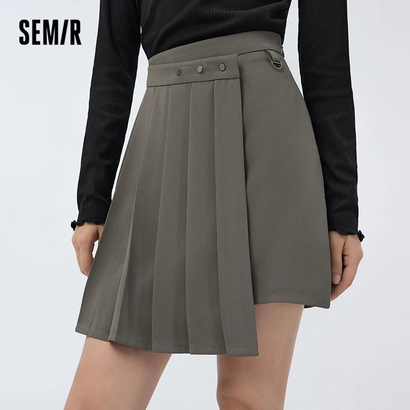 Semir 2023 Women Skirt Spring New Playful Asymmetrical Pleated Skirt Solid Color Sweet Cool A-line Skirt for Women