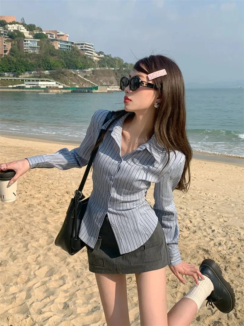 Polo Collar Striped Waist Hugging Design Versatile Top Long Sleeve Blouse