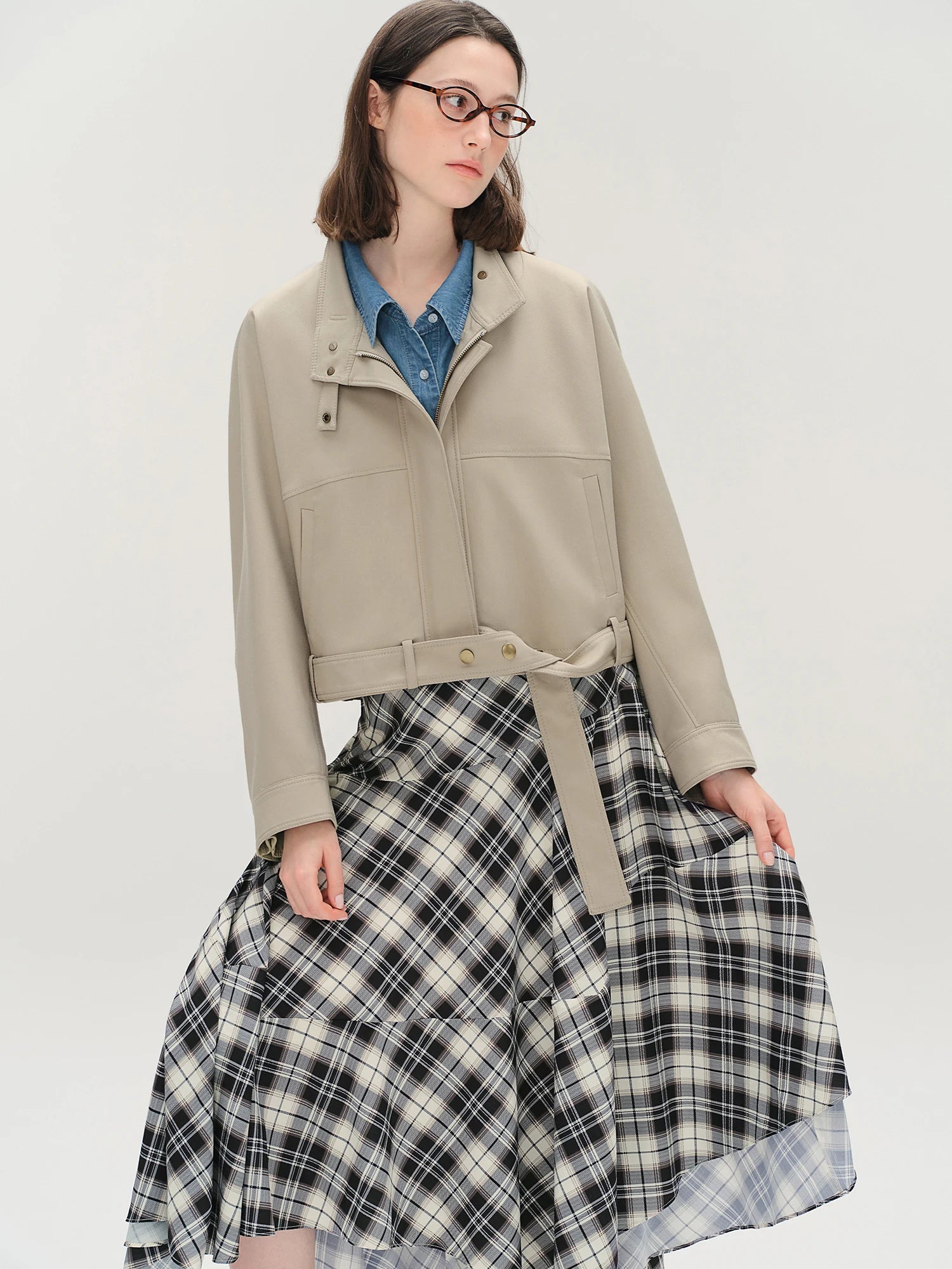 DUSHU American Style Buckled Stand Collar Belt Jacket Short Coat Women Vintage Tops 2025 Autumn Casual Coat