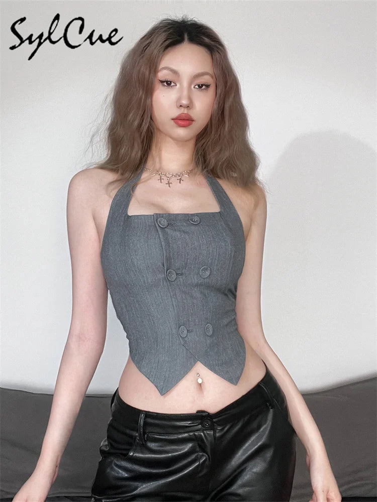 Kpop Sylcue Grey Vintage All-match Confident Mature Sexy Charming Young Girl Summer New Street Cool Women's Button Neck Vest