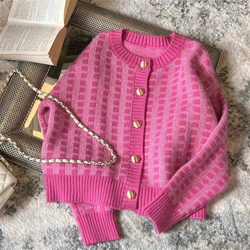 Y2k Pink Women Cardigan Korean Sweet Plaid Long Sleeve Female Sweaters Harajuku New O Neck Preppy Style Ladies Tops