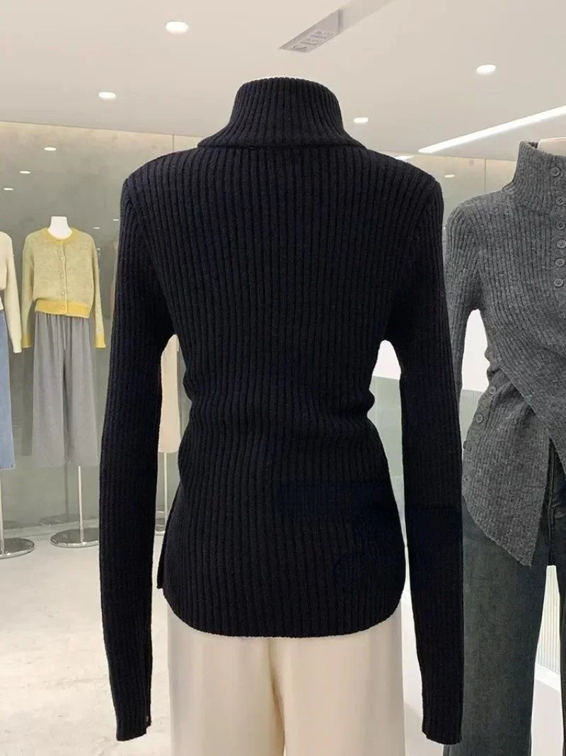 Korean Chic Elegant Slim Fit Cardigan Cross Button Simple Long Sleeve Turtleneck Sweaters 2024 Autumn New All-match Solid Jumper