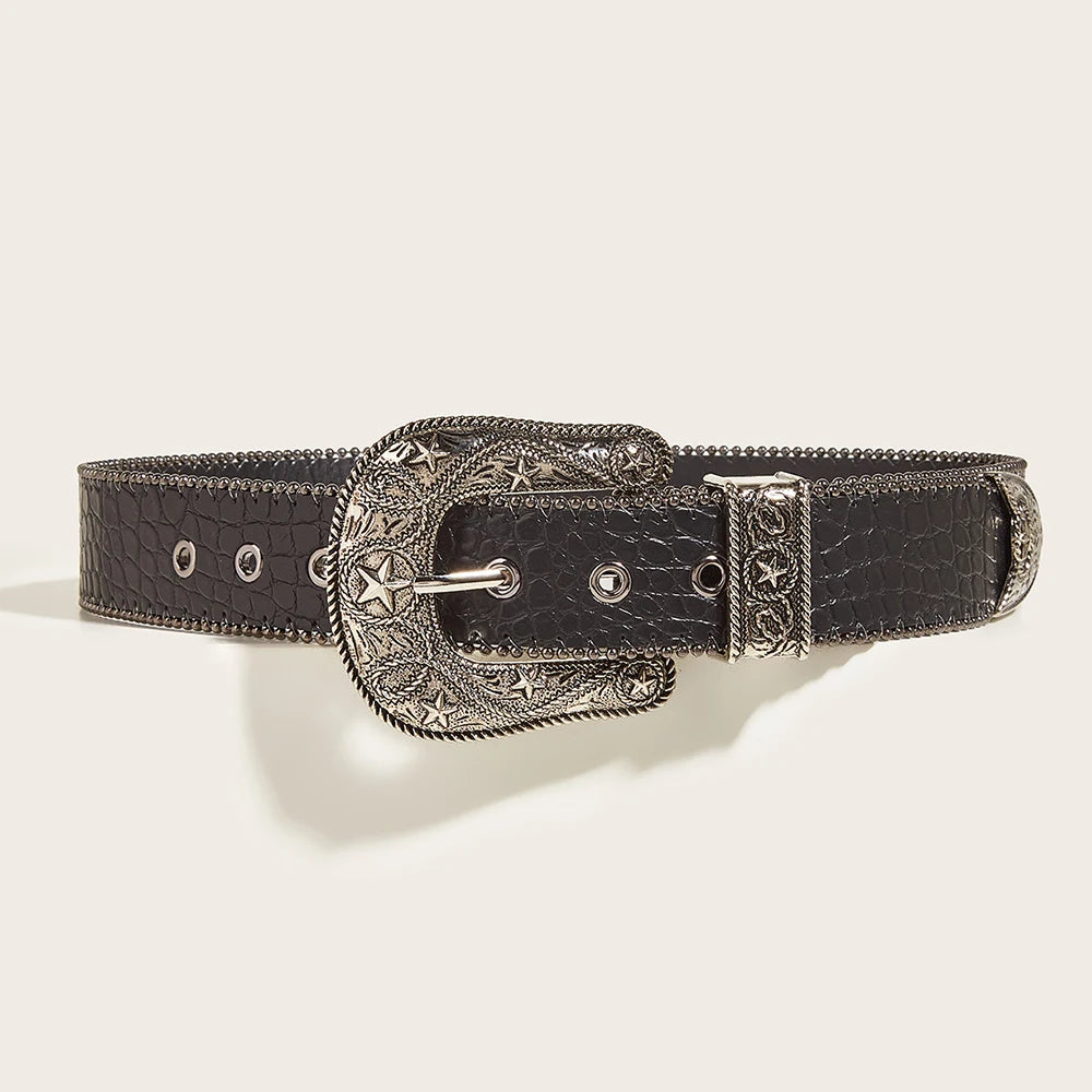 Fashion Gothic Pu Belt for Women Alloy Buckle Jeans Waist Strap Luxury Design Stone Pattern Female Jeans Waistband Y2k Accessory