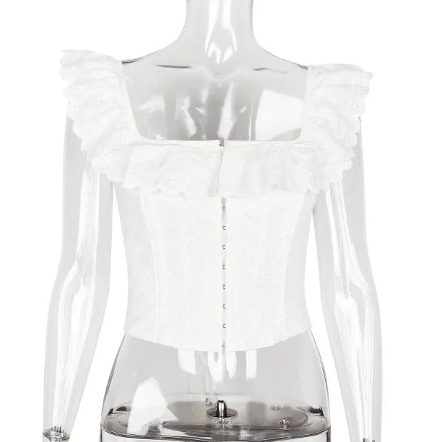 Romantic White Ruffled Square Neck Corset Top