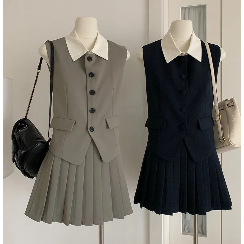 Black Two Piece Sets Women Outfits Spring and Summer New Korean Fashion Commuting Slim Suit Vest Top Pleated Short Skirt Set