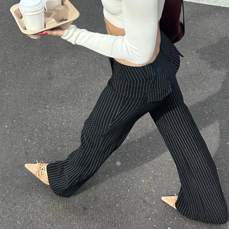 Rapcopter y2k Striped Flare Pants Low Waisted Pockets Vintage Streetwear Trousers Fashion Black Korean Aesthetic Gothic Pants
