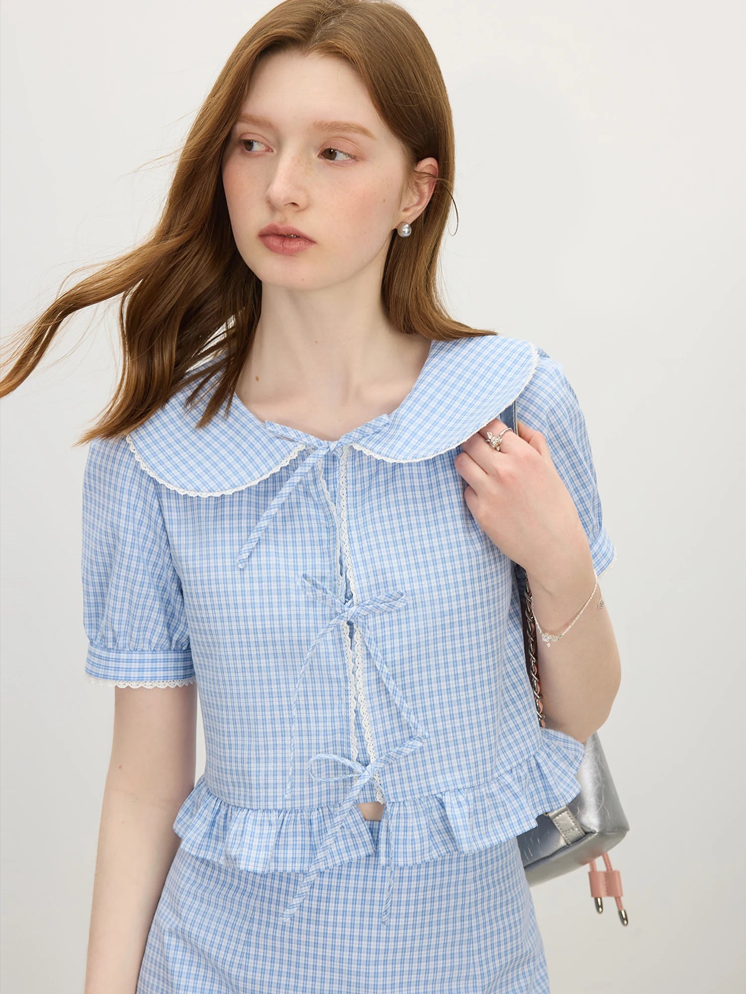 FSLE Sweet Style College Doll Collar Striped Shirt Skirt For Women 2025 Summer New Arrival Lace Stitching Chic Set HolidayOutfit