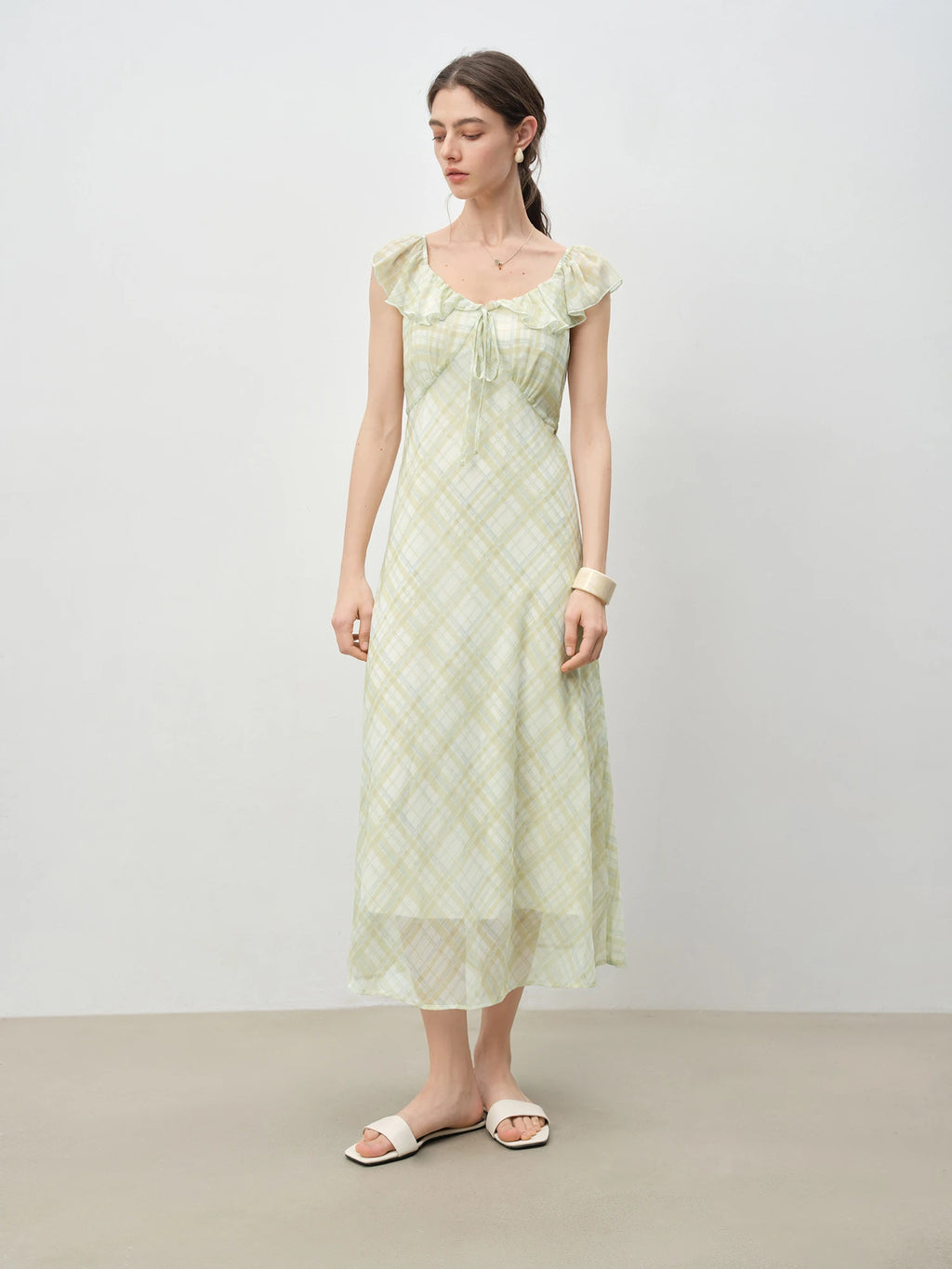 ZIQIAO Petite Red Gingham Chiffon Maxi Dress 2025 Summer Waist-Defining Tropical Resort Day-to-Night Elegance Dress