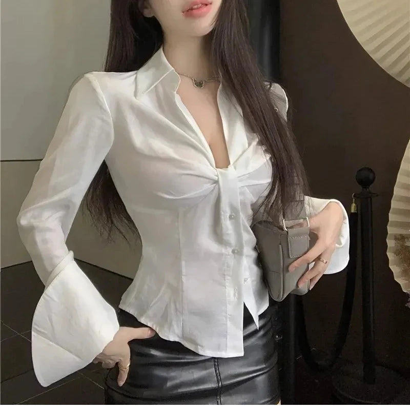 Women Elegant White Shirt Summer Sexy V Neck Folds Chic Crop Blouses Korean Streetwear Flared Long Sleeve Tops New