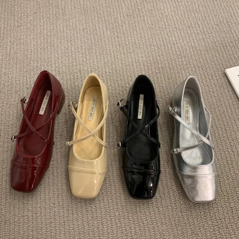 Medium Heeled Mary Jane Single Shoes 2024 New Women Shoes Retro Thick Heeled Ballet Shoes Cross Buckle Shallow Soft Sole Shoe