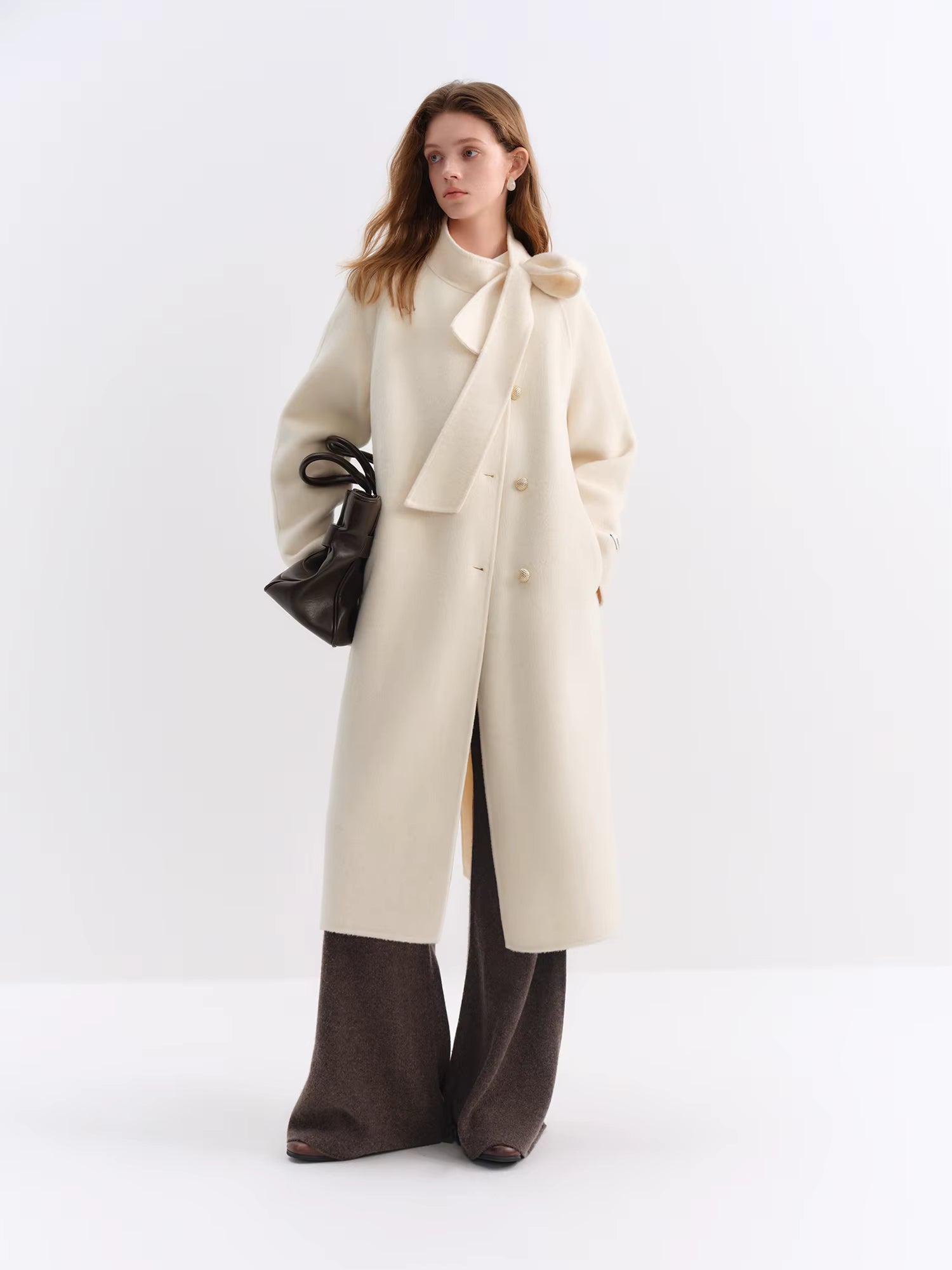 Winter 2025 Women Stand Collar Tie Detail Double Faced Wool Blend Coat - Long Length Elegant Outerwear for Casual Winter