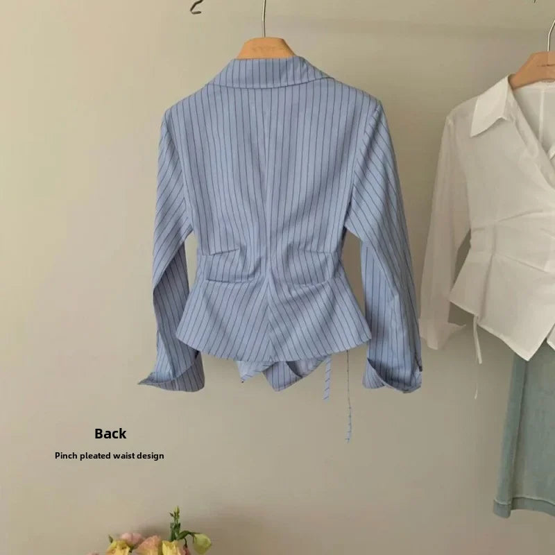 Design Sensibility Irregular Waist-fitted Slimming Striped Shirt Women's Elegant Lapel Long Sleeve Blouse 2024 New Model