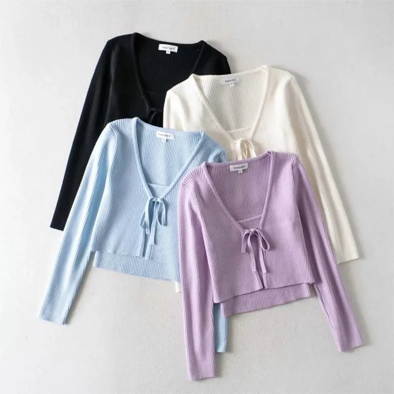 Kpop 1 Set Spring Korea Style Vintage Ribbed Knitted Cardigan Tank Top V neck Bandage Tie Bow Sweater Jumper Knitwear 4 Colors