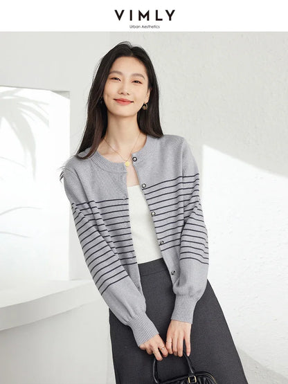 VIMLY Women's Simple Office Lady Knitwear Autumn New Striped Long Sleeve O-Neck Single Breasted Button Versatile Cardigan Tops