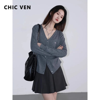 CHIC VEN Women Cardigan Solid Loose Single Breasted New V-neck Embroidered Knitted Sweaters Female Jumpers Spring Autumn 2024