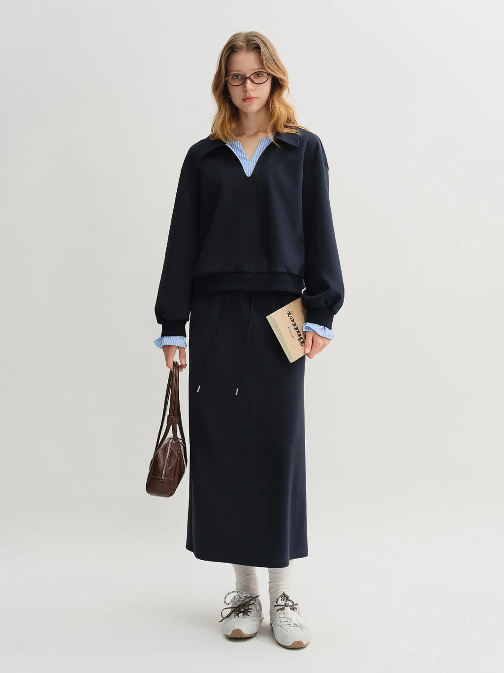 DUSHU Plus Size Navy Blue Long Sleeve Top Skirt Fashion Set 2025 Autumn New Arrival Splicing Sweater Skirt