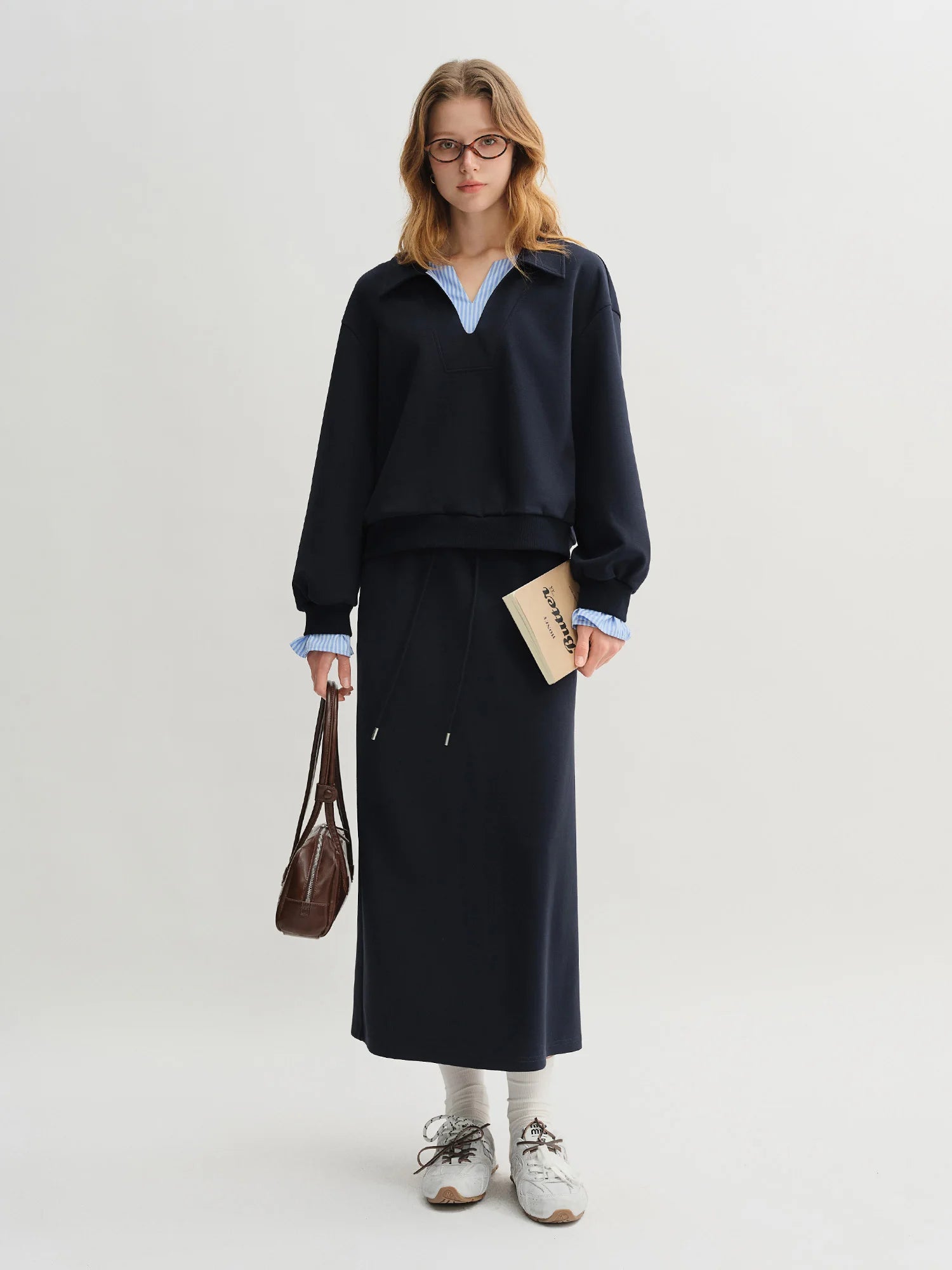 DUSHU Plus Size Navy Blue Long Sleeve Top Skirt Fashion Set 2025 Autumn New Arrival Splicing Sweater Skirt
