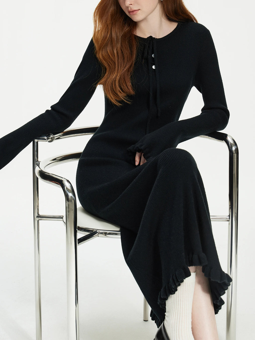FSLE Black Temperament Black Fungus Edge Round Neck Knitted Dress for Women's Autumn and Winter 2024 New Dress 24FS14246