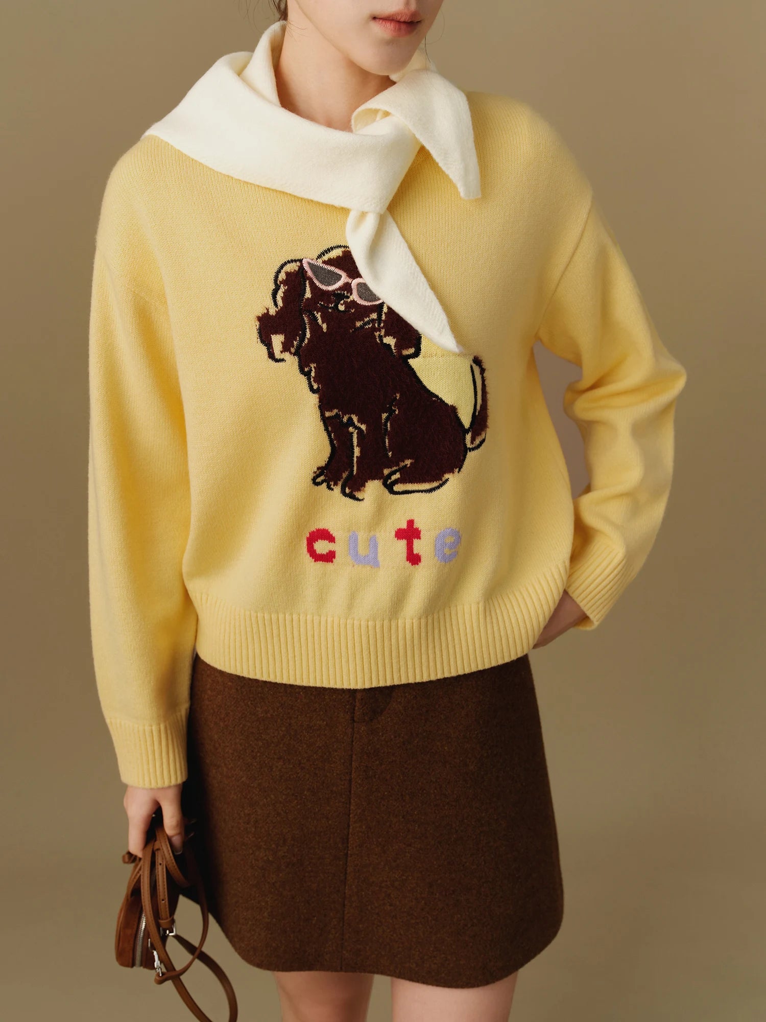 DUSHU Oversize Women's Cartoon Round Neck Sweater 2024 Winter New Two Color Casual Versatile Wool Knitted Sweater Casual Loose