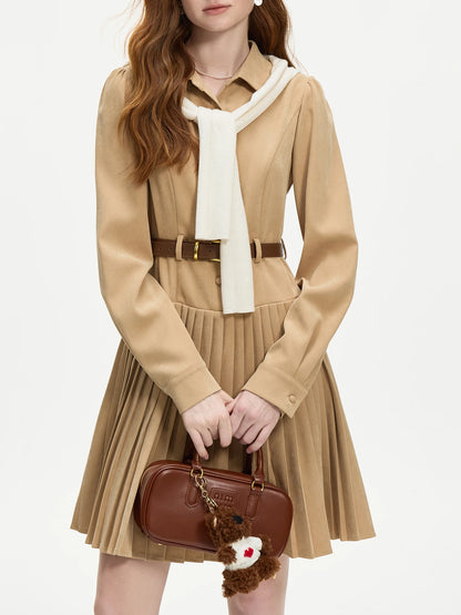 FSLE Women Long Sleeve Dress Polo Neck Puff Sleeve Pleated Knee-Length Dresses Office Lady Winter New Khaki Dress 24FS14466