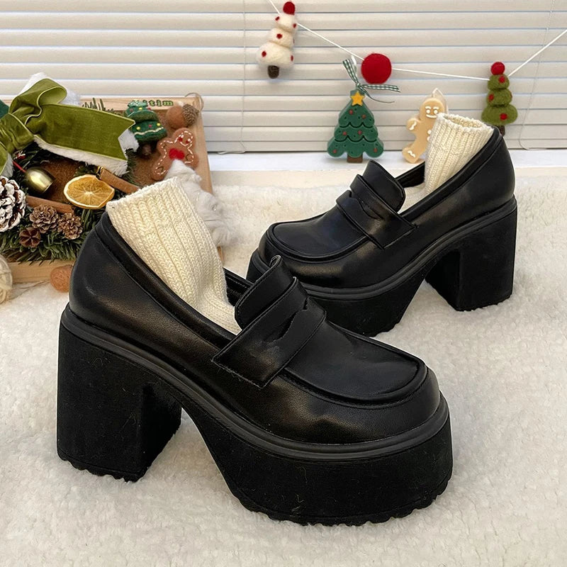 Super High Heels Loafers Women 2024 Spring Patent Leather Chunky Platform Pumps Woman Slip On Black Jk Uniform Shoes Mary Janes