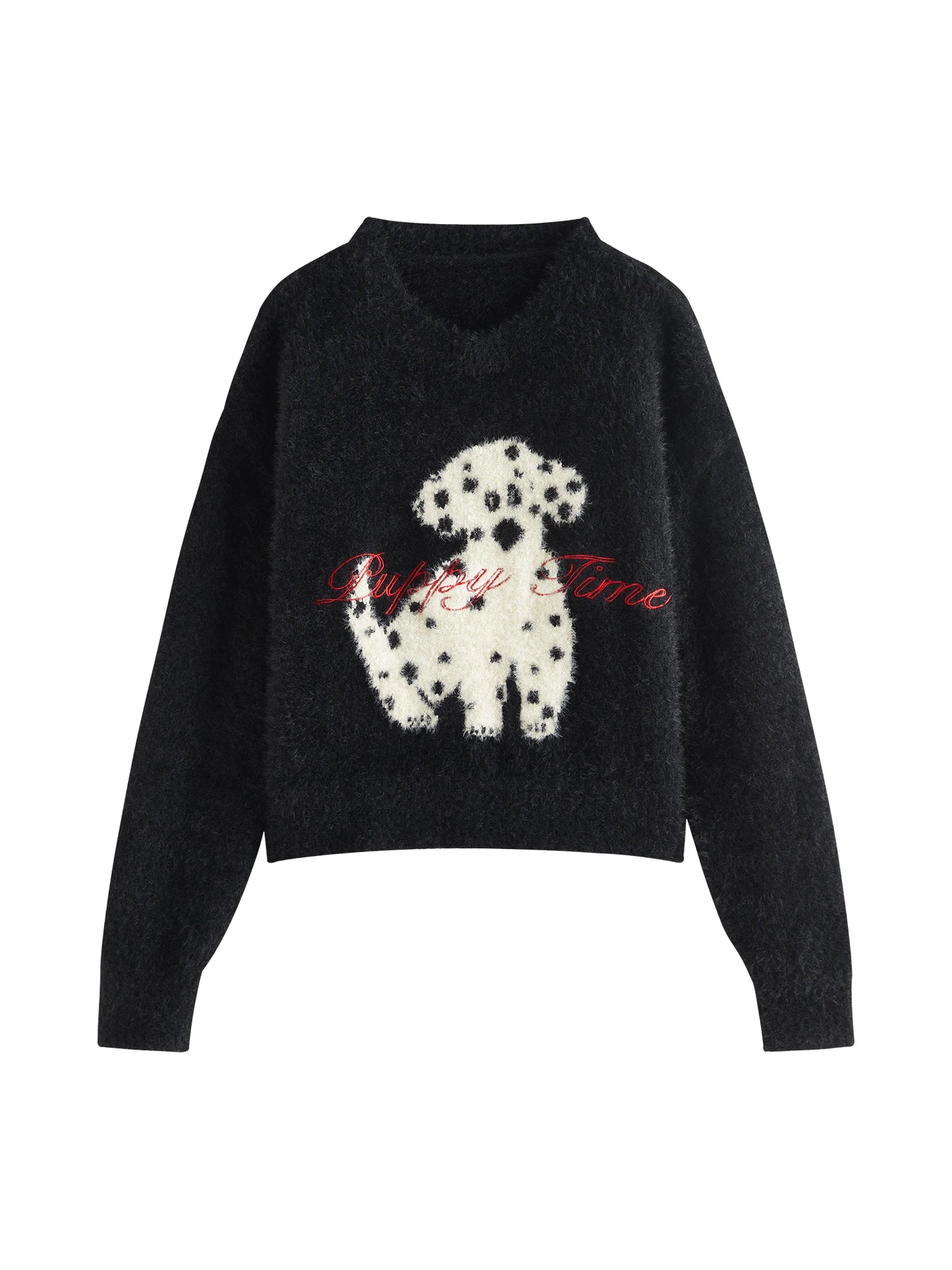 FSLE Black White Contrast Dalmatian Embroidered Cotton Pullover Sweater 2024 Winter New Design Warm Chic Sweater 24FS14244