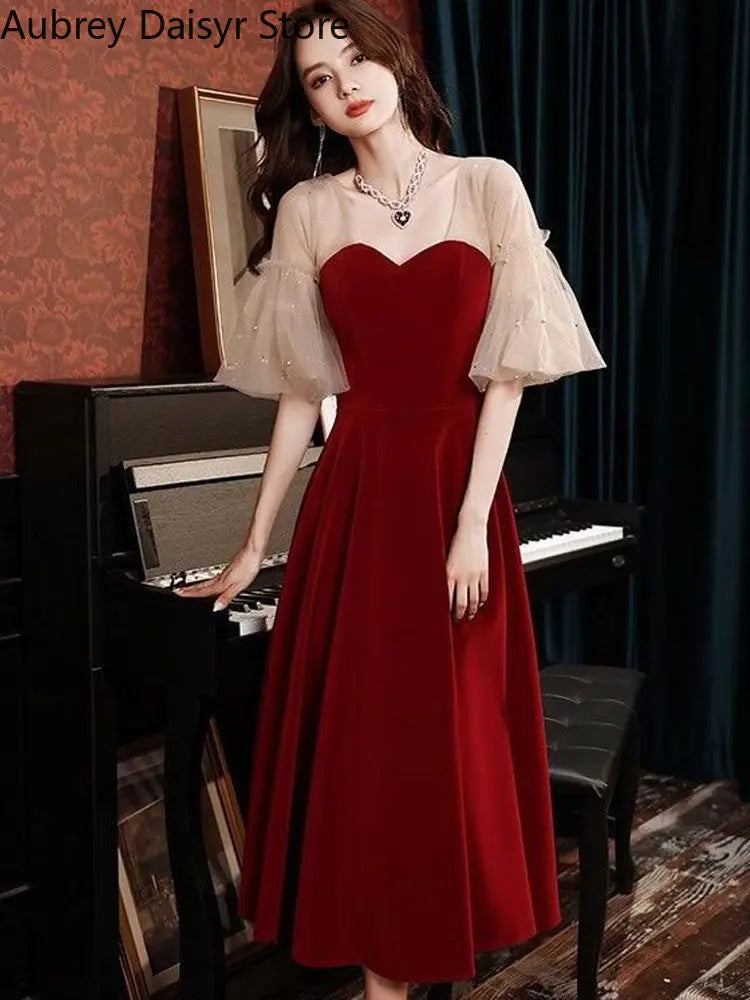 Fairy Red Midi Dress Women Elegant Vintage Chic Design Formal Occasion Dresses Summer Casual Evening Wedding Party Dress New In