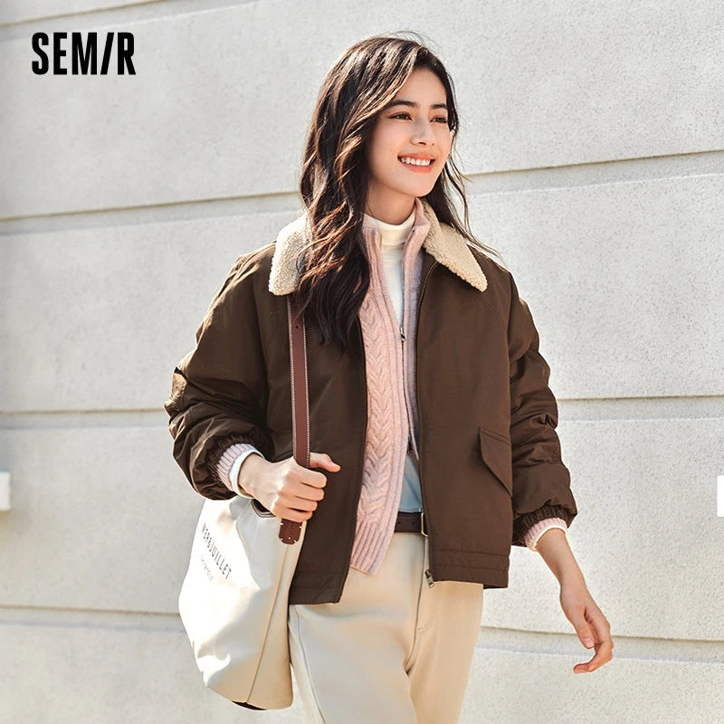 Semir Coat Women Oversize Raglan Sleeve Imitation Lamb Wool Fur Collar Winter 2024 New Retro Quilted Jacket