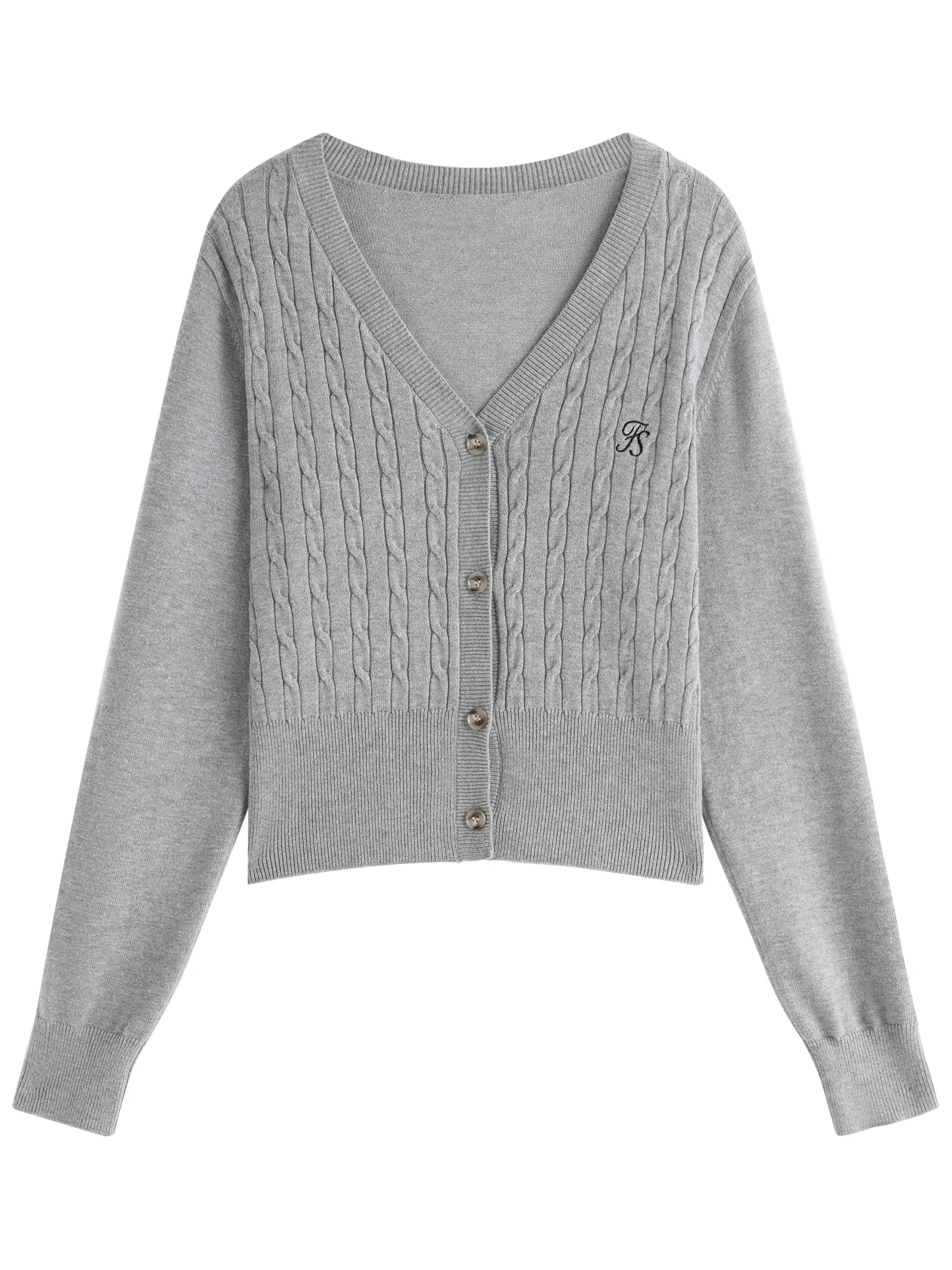 FSLE Women Grey Sweater Cardigans V-neck Single Breasted Office Lady Autumn New Short Knitted Long Sleeve Coats 24FS13163