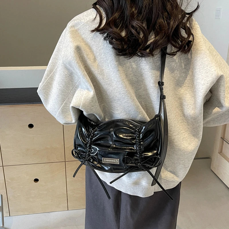 LEFTSIDE Bow Small Crossbody Bags for Women 2024 Korean Fashion Silver PU Leather Shoulder Bag Underarm Bags Handbags and Purses