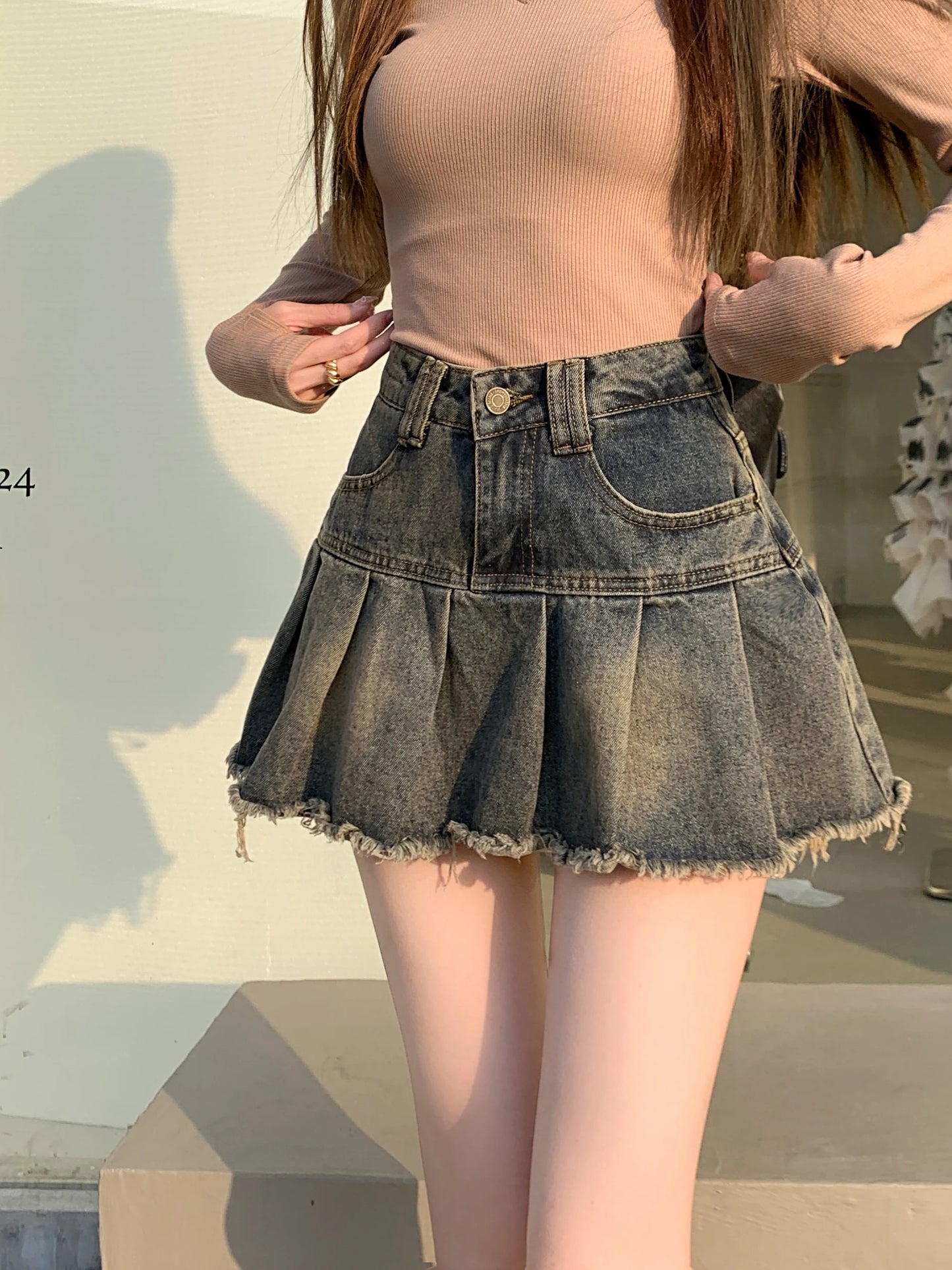 Women's Summer Cute Denim Short Skirt High Waist Burr Edge Spliced Casual A-line Harajuku Korean Style Y2K Mini Pleated Skirt