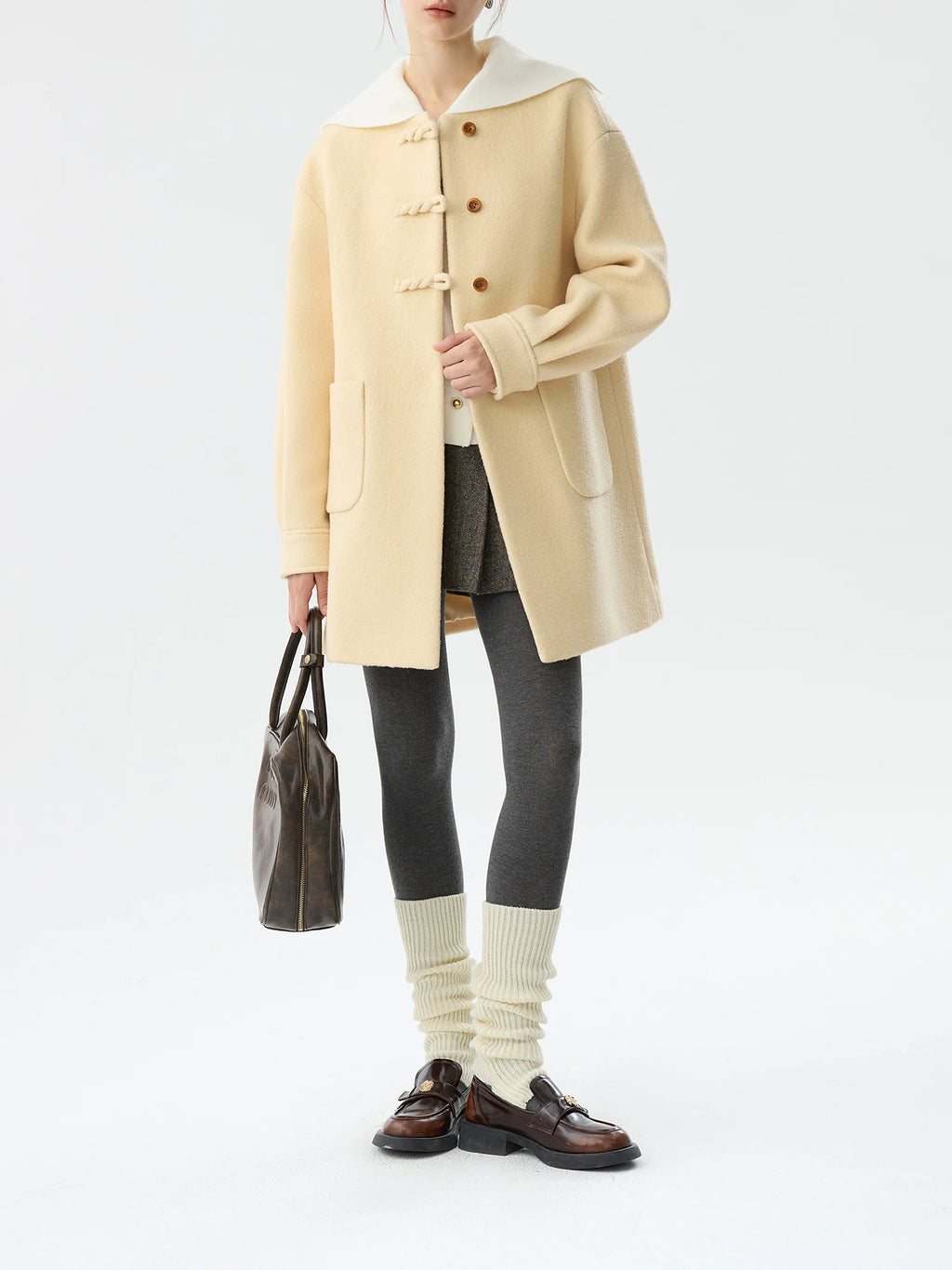 FSLE 86.7% Wool Blend Twisted Round Neck Woolen Coat For Women Autumn Winter 2024 New Design Elegant Style Chic Coat 24FS14472