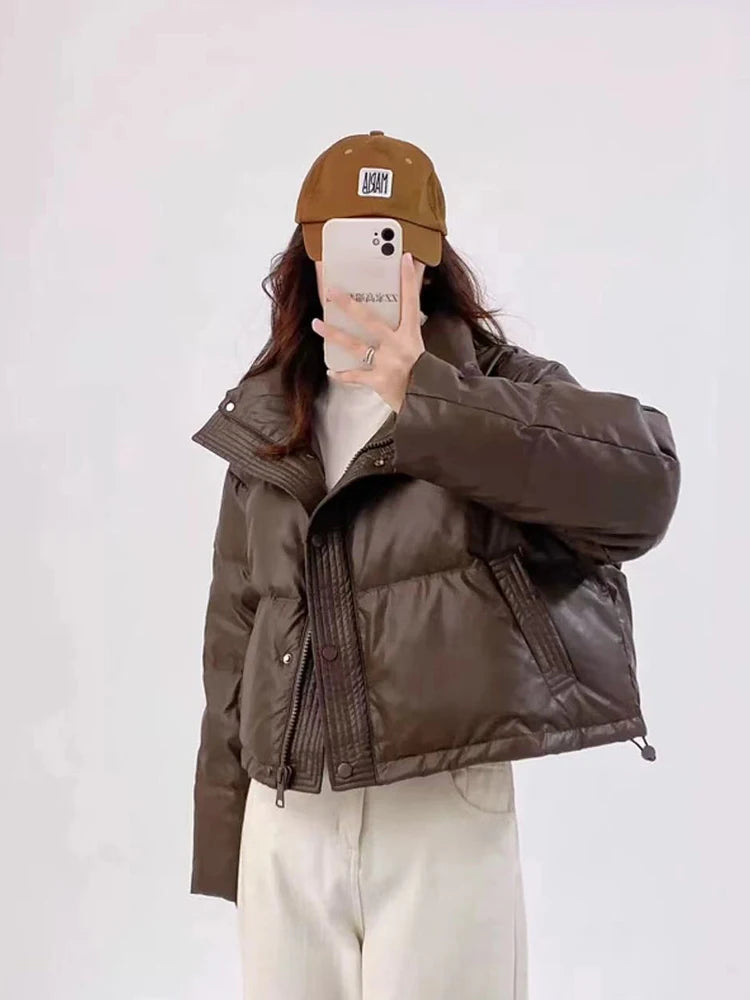 Winter Warm Short Parkas Women Y2K Fashion Pu Leather Crop Puffer Jacket Female Loose Streetwear Zipper Long Sleeve Down Coats