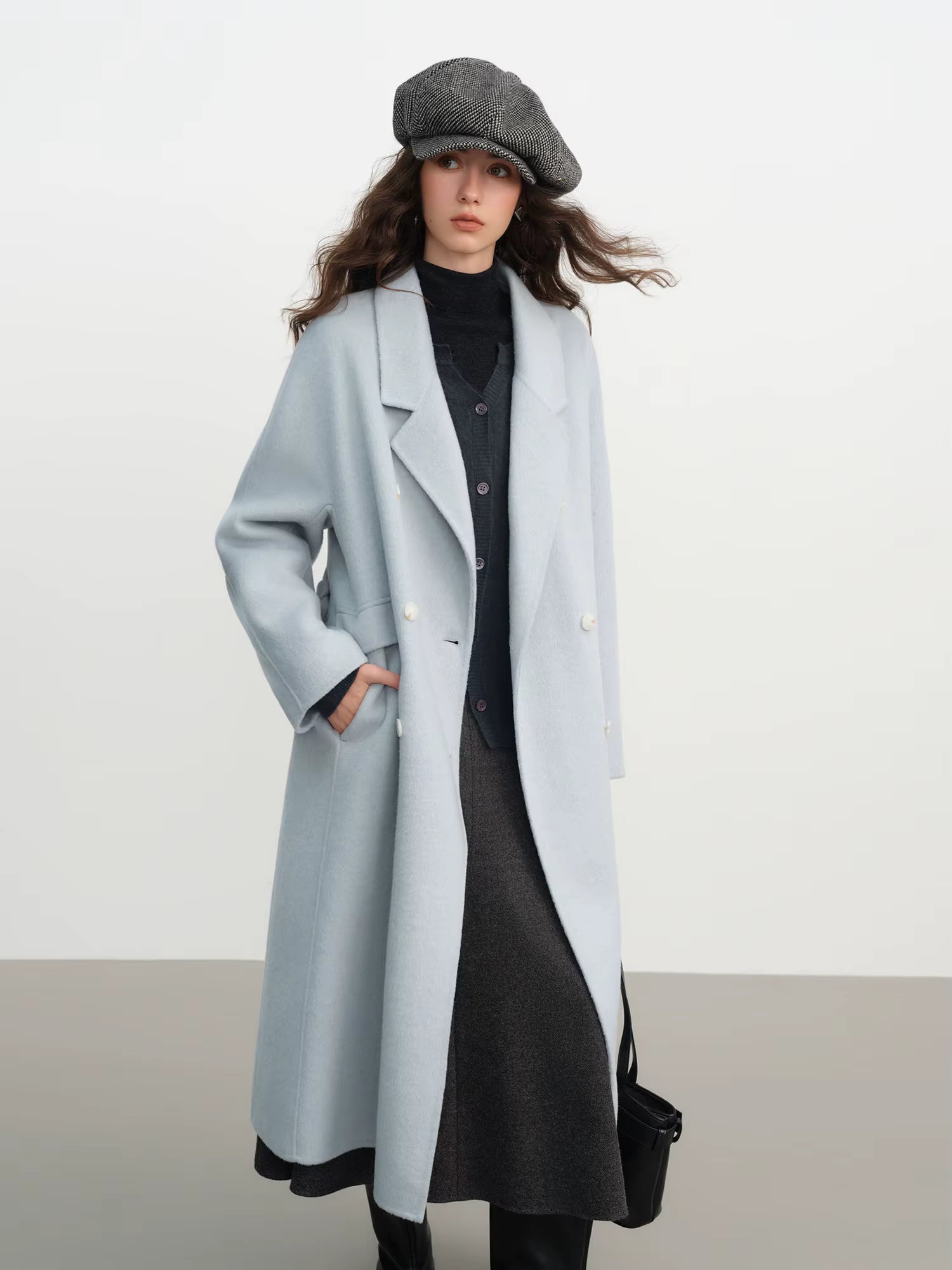 Cashmere Double-breasted Collar Woolen Coat Women 2025 Winter Commuting Light Blue Casual Loose Lazy Simple Coat