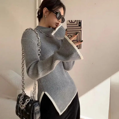 QWEEK 2024 Autumn Elegant Sweater Women Korean Old Money Style Slim Contrast Color Jumper Autumn Winter Casual Knitwear Tops