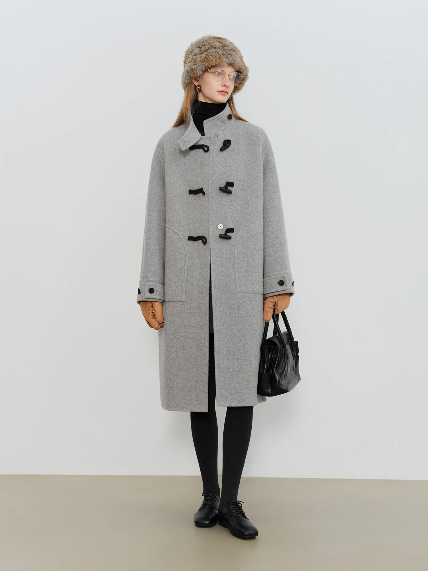 Crafty Studio Wool Coat for Petite Women with Horn Buttons, Standing Collar, and Double-Faced Design 2025 New