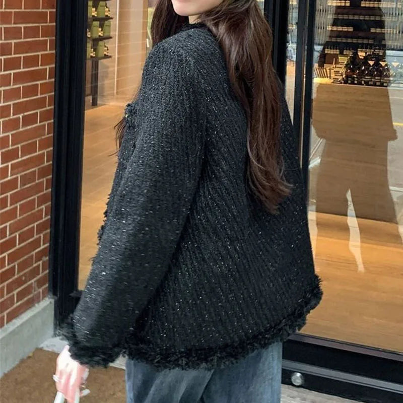 Lucyever Temperament Tweed Black Jacket Women Elegant Thicken Single Breasted Outerwear Ladies Korean with Pocket Office Coat