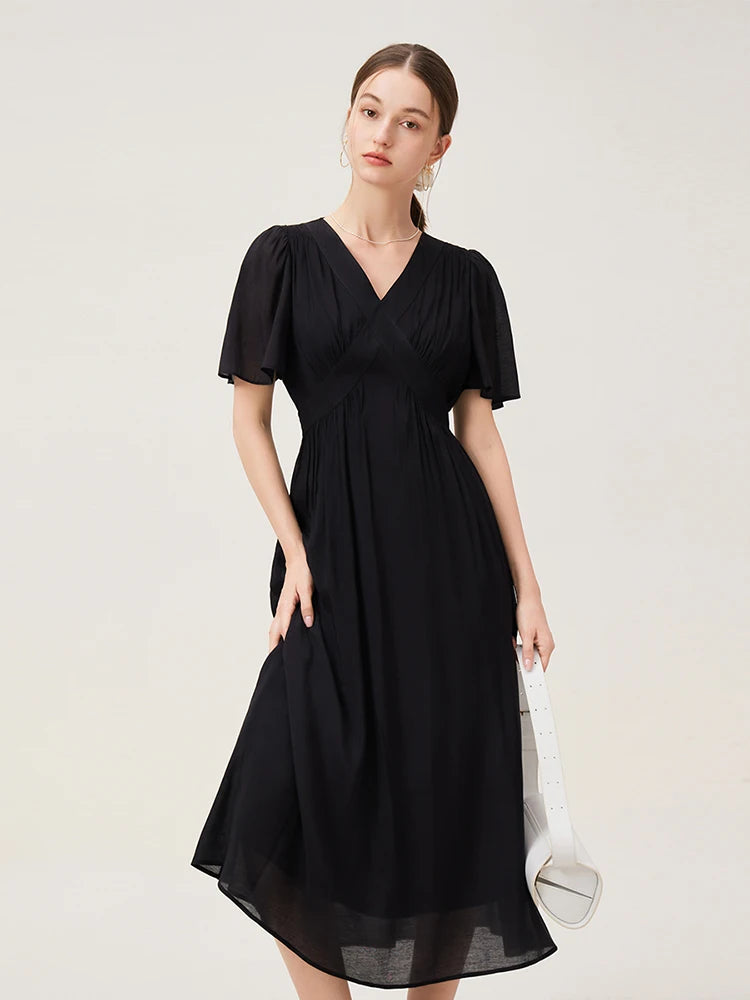 FSLE Women Flying Sleeve Temperament Long X-LINE Dress French V-neck Black Dress Office Lady Solid Dress