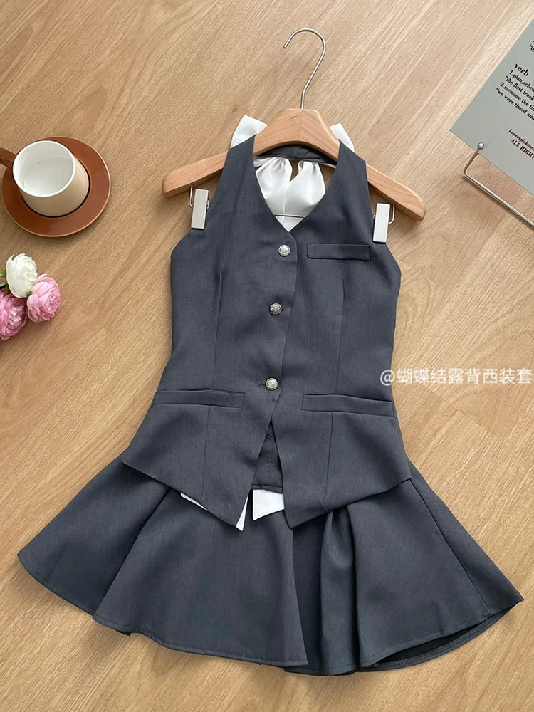 Summer Women Old Money Design Vintage Rave Vacation Outfits 2 Piece Set Backless Bow Vest + A-line Mini Pleated Skirts Elegant