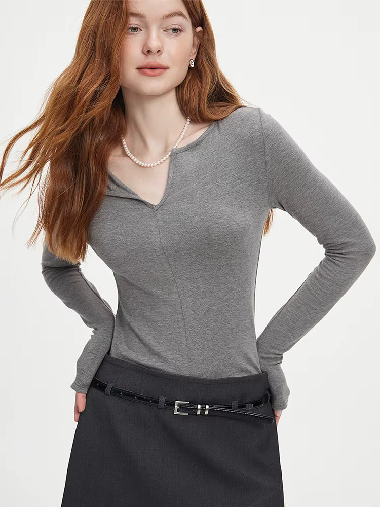 Autumn Knit Top 2025 New Pullover Casual Long Sleeve Sweater For Women V-Neck Slim Cotton Grey Pullover Beige Chi Top
