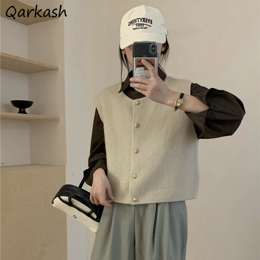 Knitting Vests Women Spring Autumn O-neck Solid Loose Buttons Slender Sleeveless Sweaters Simple Basic Daily Office Lady Stylish