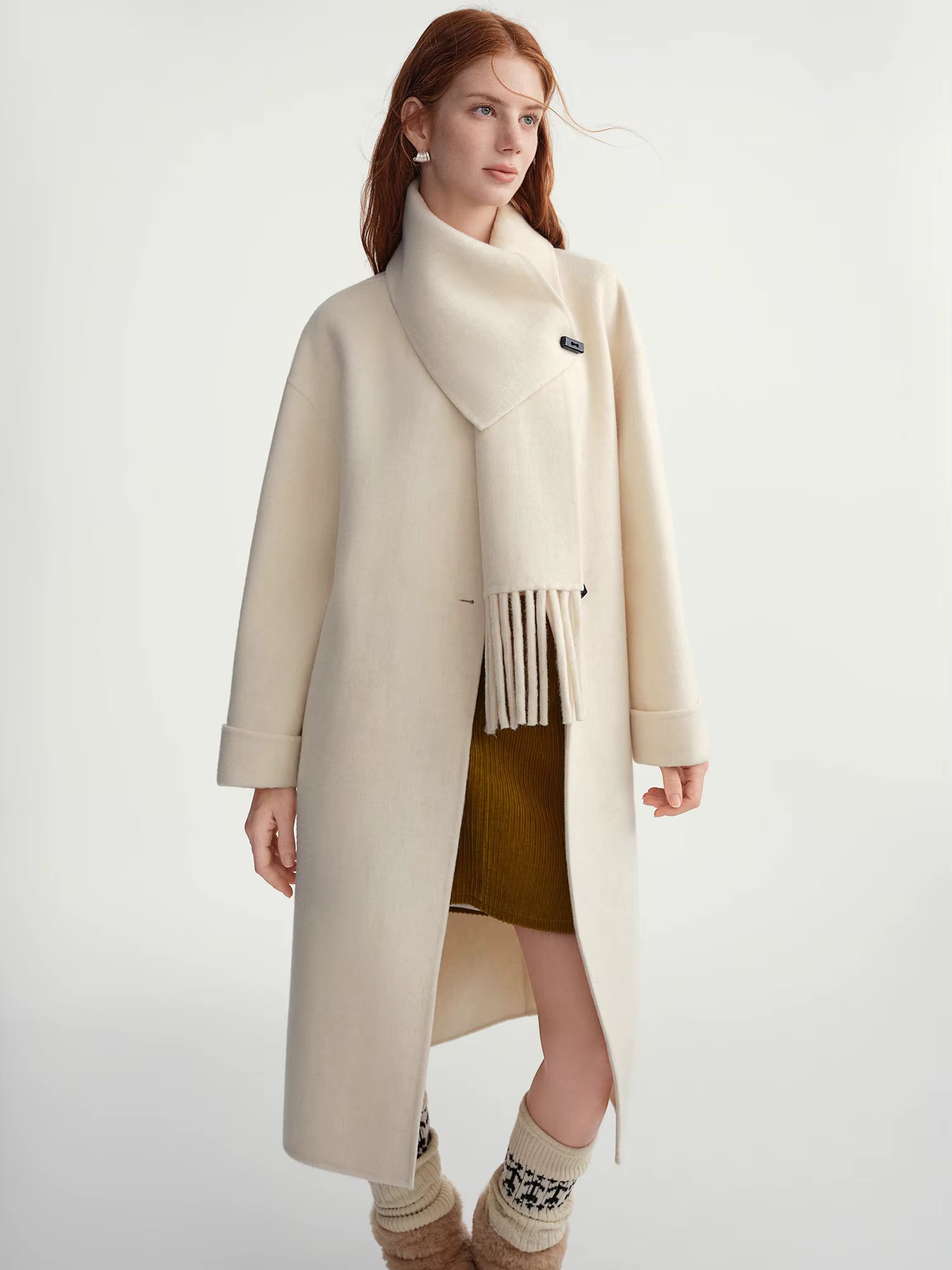 Plus Size Women's Design Forward Double Faced Wool Trench Coat with Detachable Scarf Collar 100% Sheep Wool With Scarf