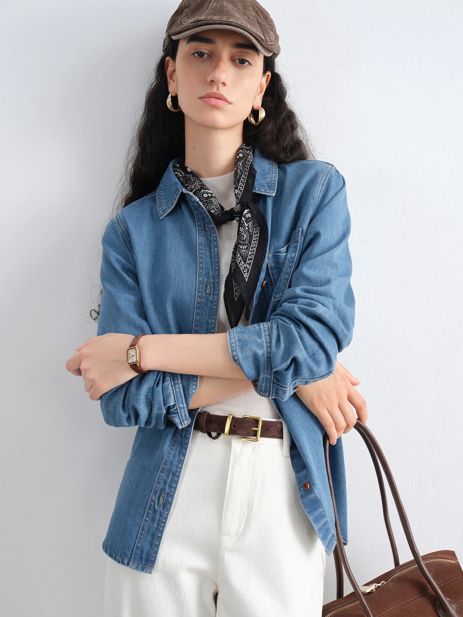 ZIQIAO Petite Size Denim Blue Straight Shoulder Long Sleeve Shirt For Female 2025 Autumn New Arrival Retro Casual Top
