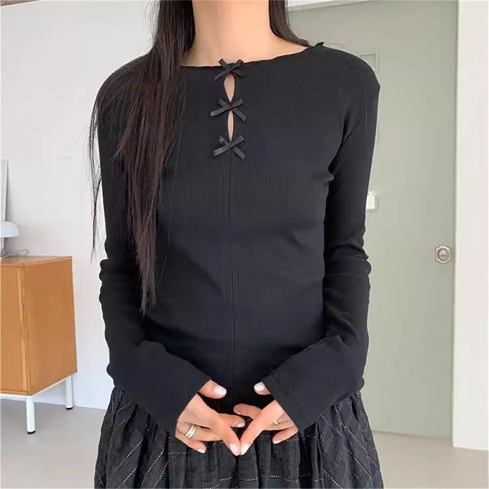Bow Hollowed Out Sweet T-shirt 2024 Summer Slimming Long Sleeved T-shirt Women Blouses Korean Spicy Girl Bottoms Y2k Korean Tops