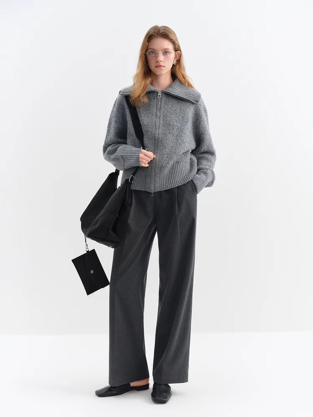 2025 Winter Women's Grey Preppy Style Wide Notch Lapel Knit Cardigan - Casual Commute Open Front Sweater for Daily Elegant