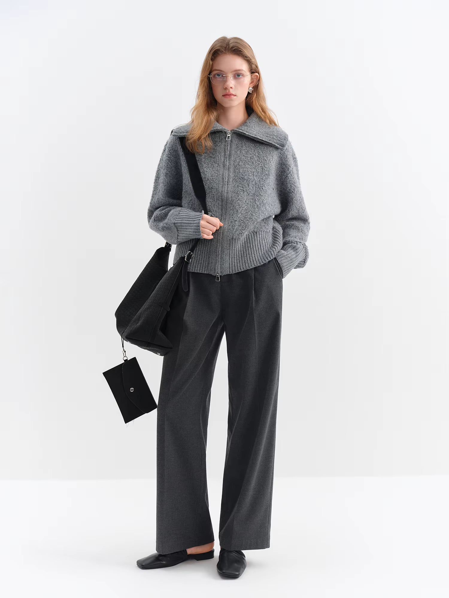 2025 Winter Women's Grey Preppy Style Wide Notch Lapel Knit Cardigan - Casual Commute Open Front Sweater for Daily Elegant